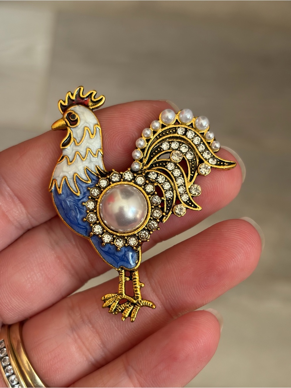 4/$50 Gold-tone Blue Rooster Brooch with Pearl and Rhinestones